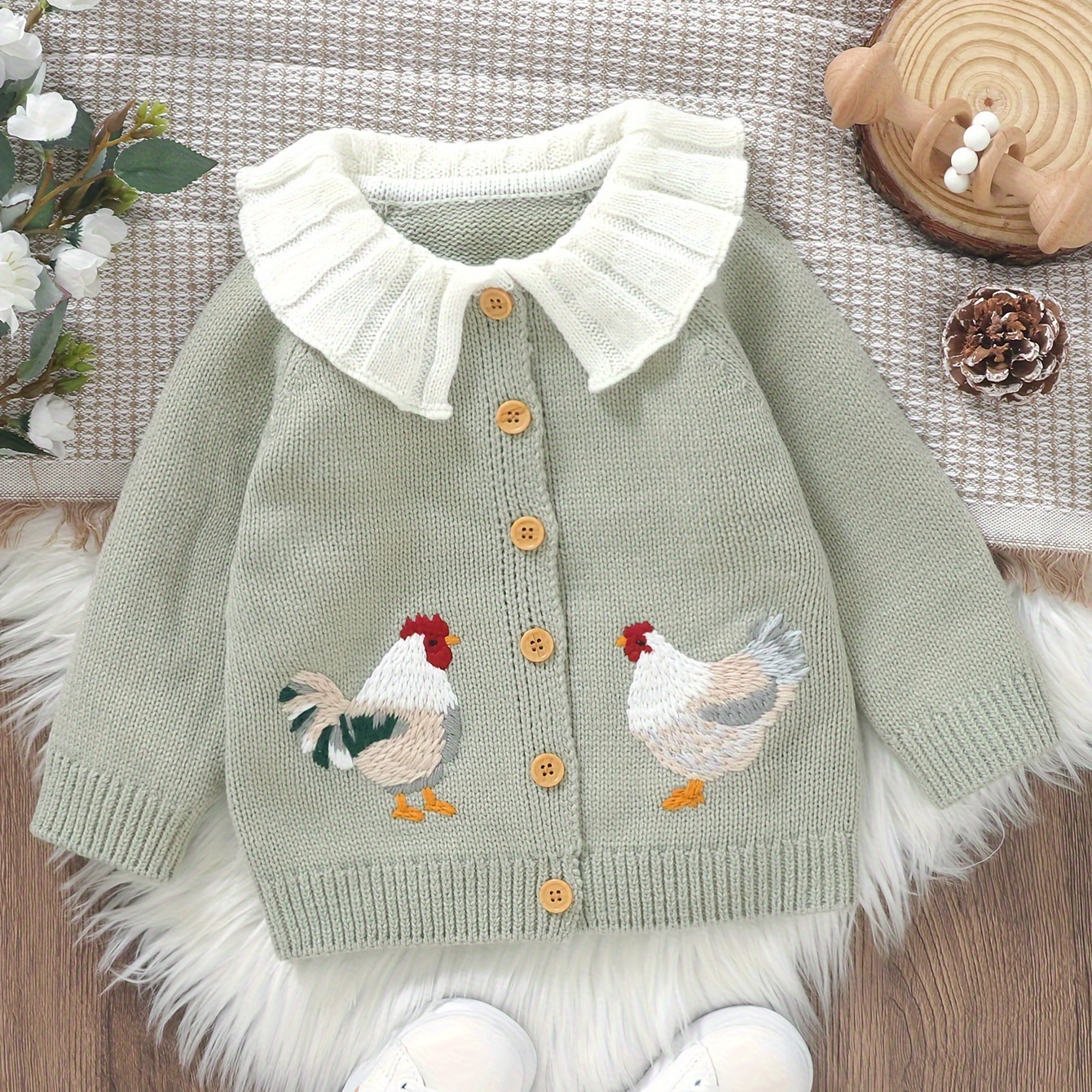 

Baby's Rooster Embroidery Knitted Cardigan, Casual Button Front Sweater, Infant & Toddler Girl's Clothing