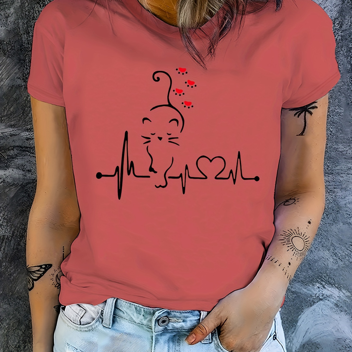 

Cat & Ecg Print T-shirt, Short Sleeve Crew Neck Casual Top For Summer & Spring, Women's Clothing