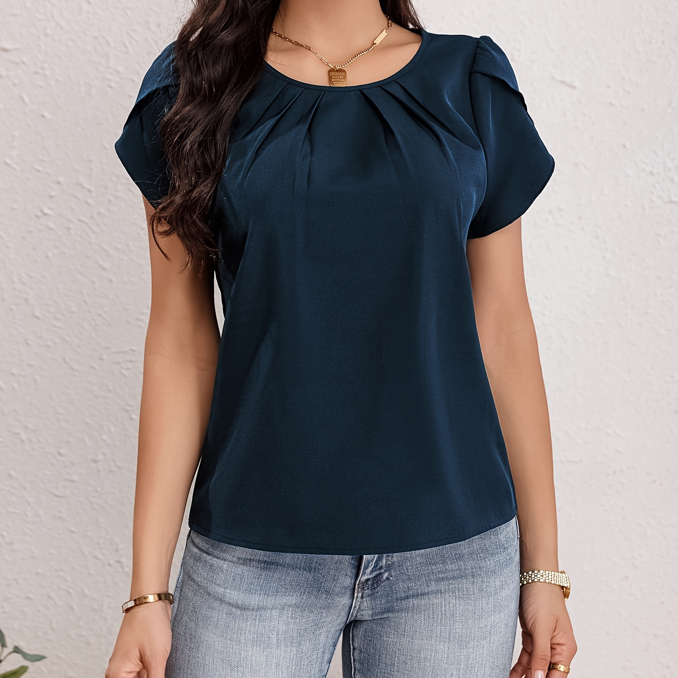 

Solid Crew Neck Blouse, Elegant Short Sleeve Ruched Blouse For Spring & Summer, Women's Clothing