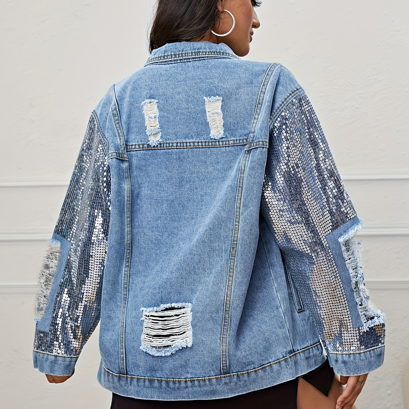 

Sequin Long Sleeve Oversized Denim Jackets, Flap Pocket Loose Fit Ripped Distressed Denim Coats, Women's Denim & Clothing - Perfect For Carnaval Music Festival