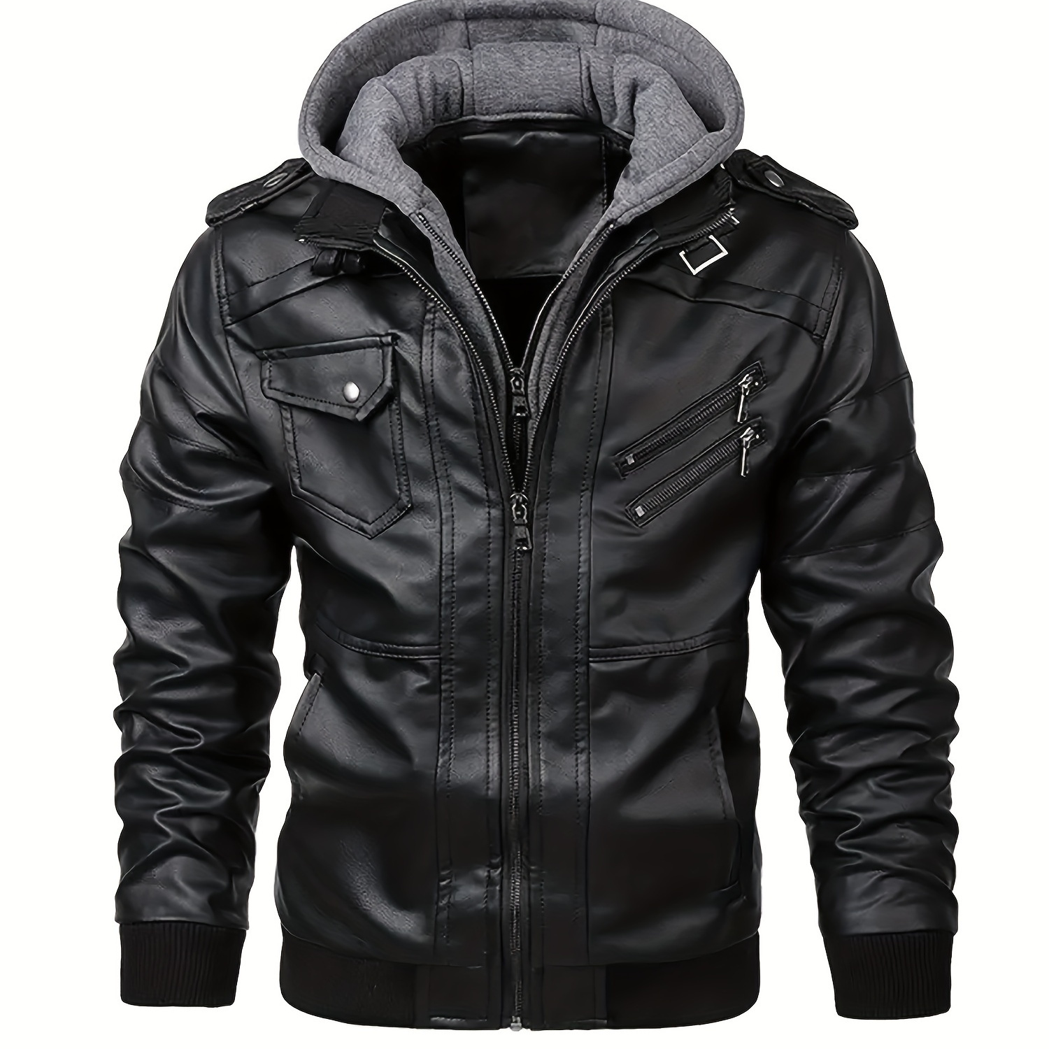 

Men's Casual Pu Leather Jacket, Chic Zip Up Hooded Biker Jacket