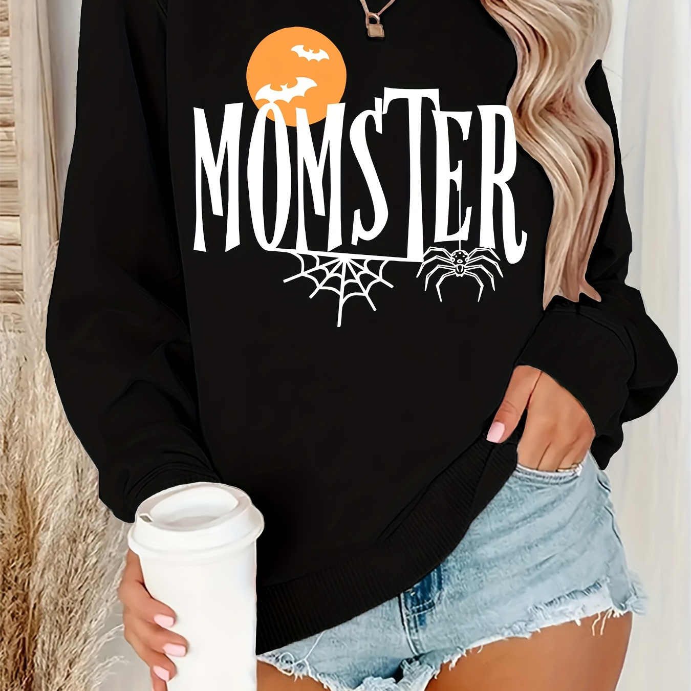 

Women's Casual Polyester Crew Neck Momster Graphic Sweatshirt With Spider Webs - Knit Fabric, Comfort Stretch, Fall/