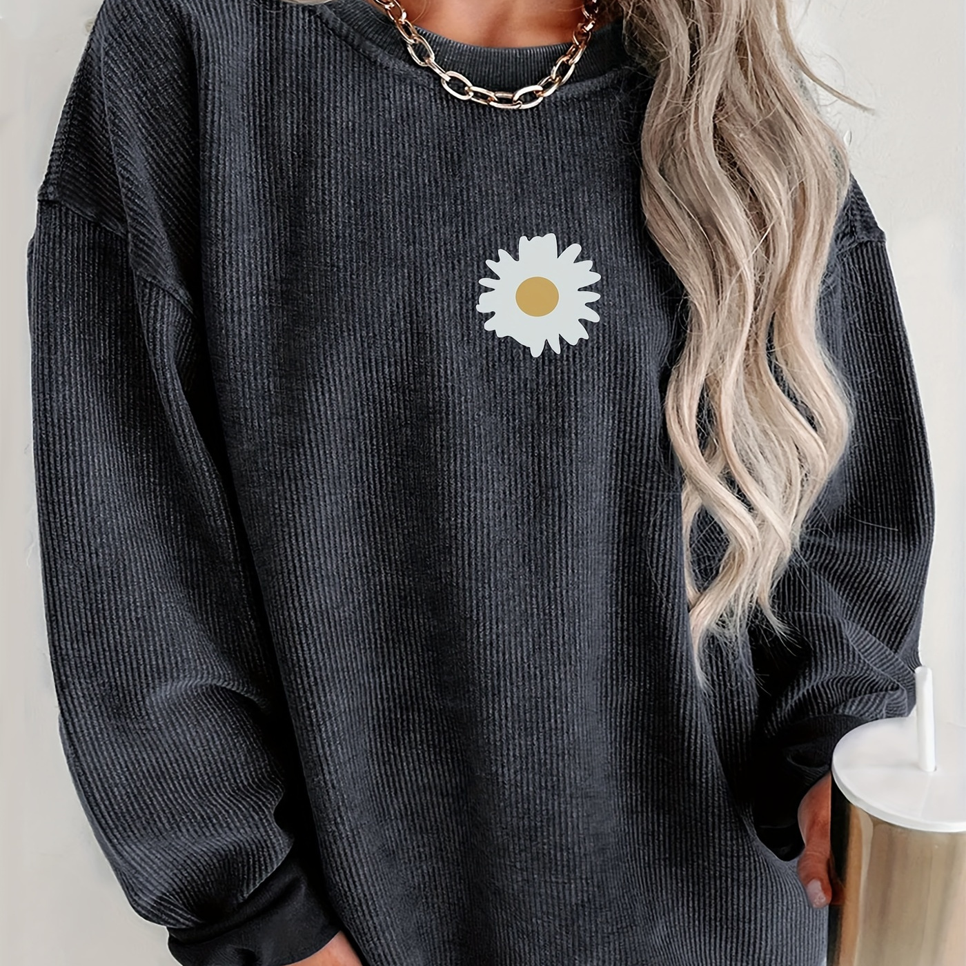 

Daisy Print Pullover Sweatshirt, Casual Long Sleeve Crew Neck Sweatshirt For Fall & Winter, Women's Clothing