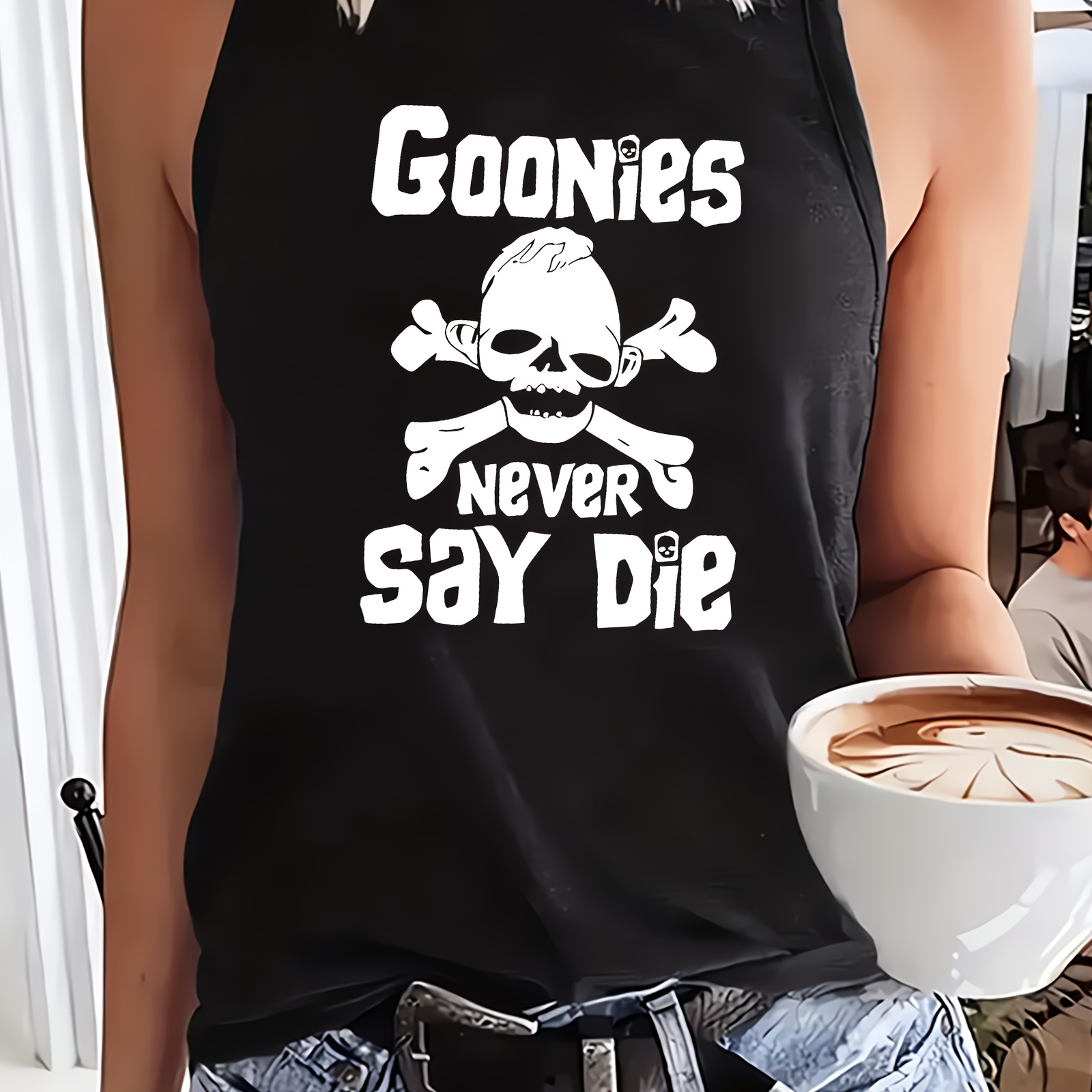 

Women's "goonies Say Die" Graphic Tank Top, Casual Crew Neck, Polyester Knit Fabric With Medium Stretch, Geometric Pattern, For All Season Sleeveless Shirt