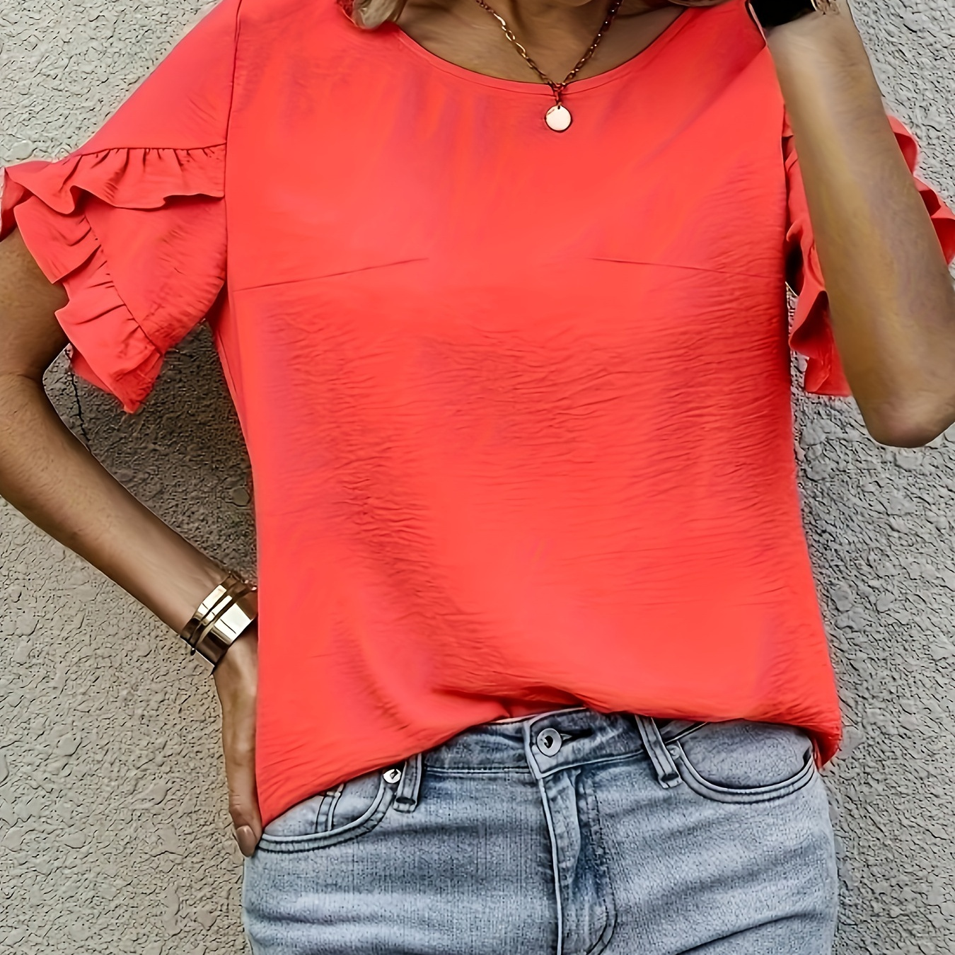 

Plus Size Solid Petal Sleeve Blouse, Casual Crew Neck Blouse For Spring, Women's Plus Size clothing