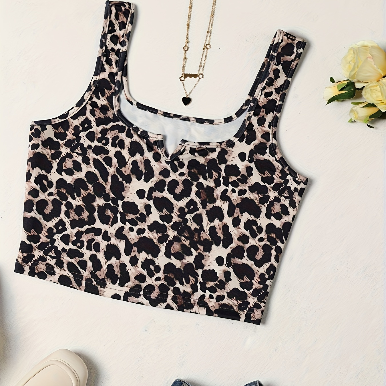 

Leopard Print Notched Neck Tank Top, Elegant Backless Sleeveless Slim Tank Top For Spring & Summer, Women's Clothing
