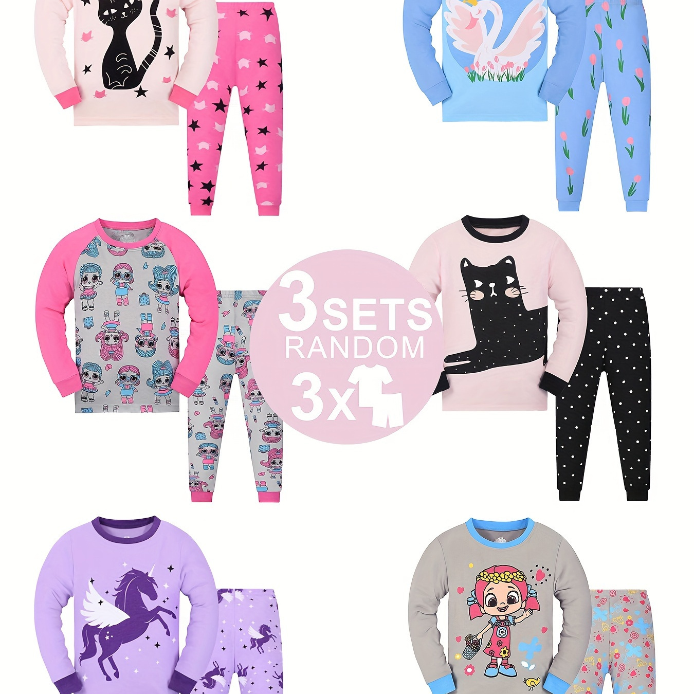 

Random 3 Sets Girl's Cartoon Animal Pattern Long Sleeve Top & Trousers Pajama Set, Comfy & Skin-friendly Pj Set, Girl's Loungewear, As Daily Gift