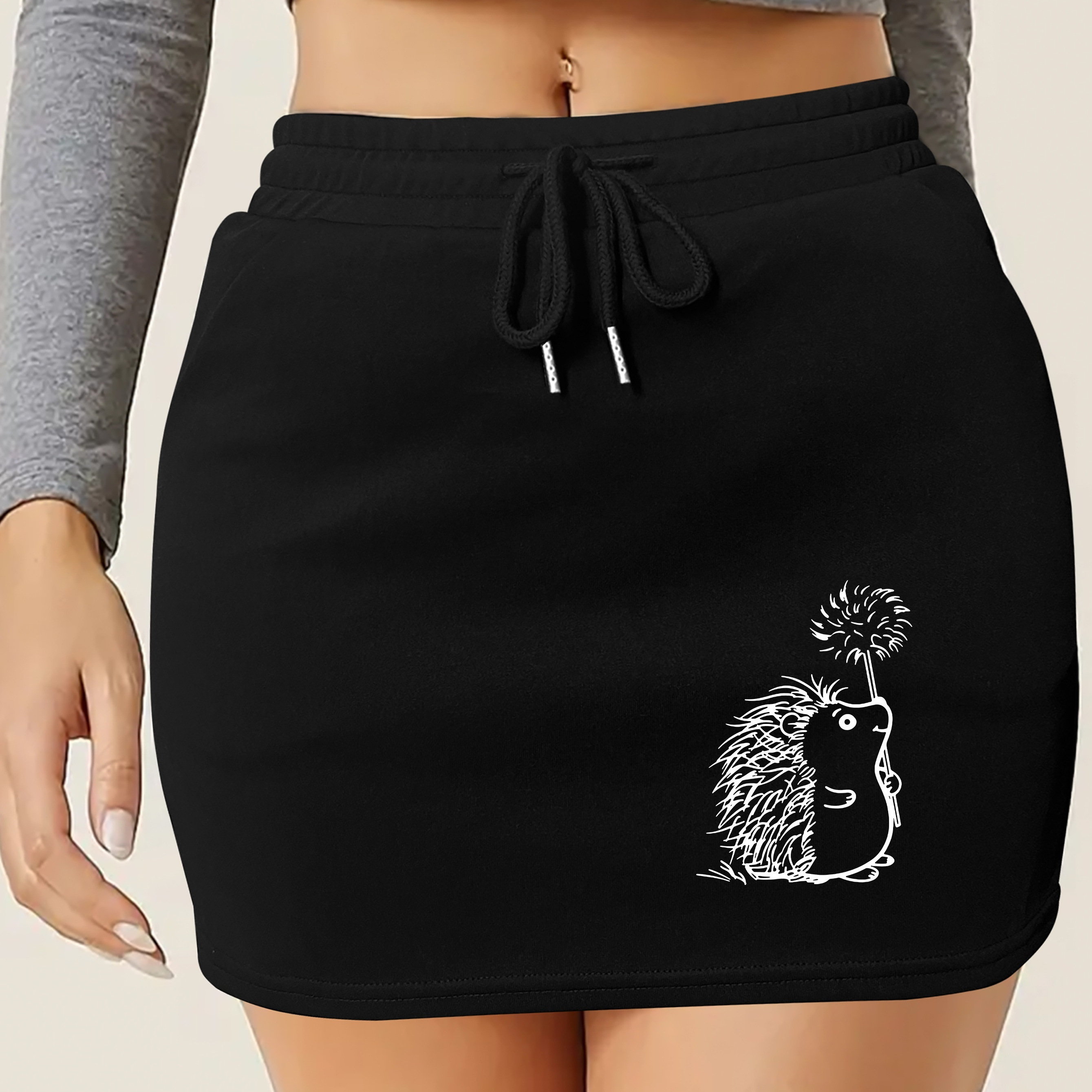 

Jupe à cordon imprimé hérisson mignon, jupe décontractée à taille élastique avec poches en biais, vêtements pour femmes
