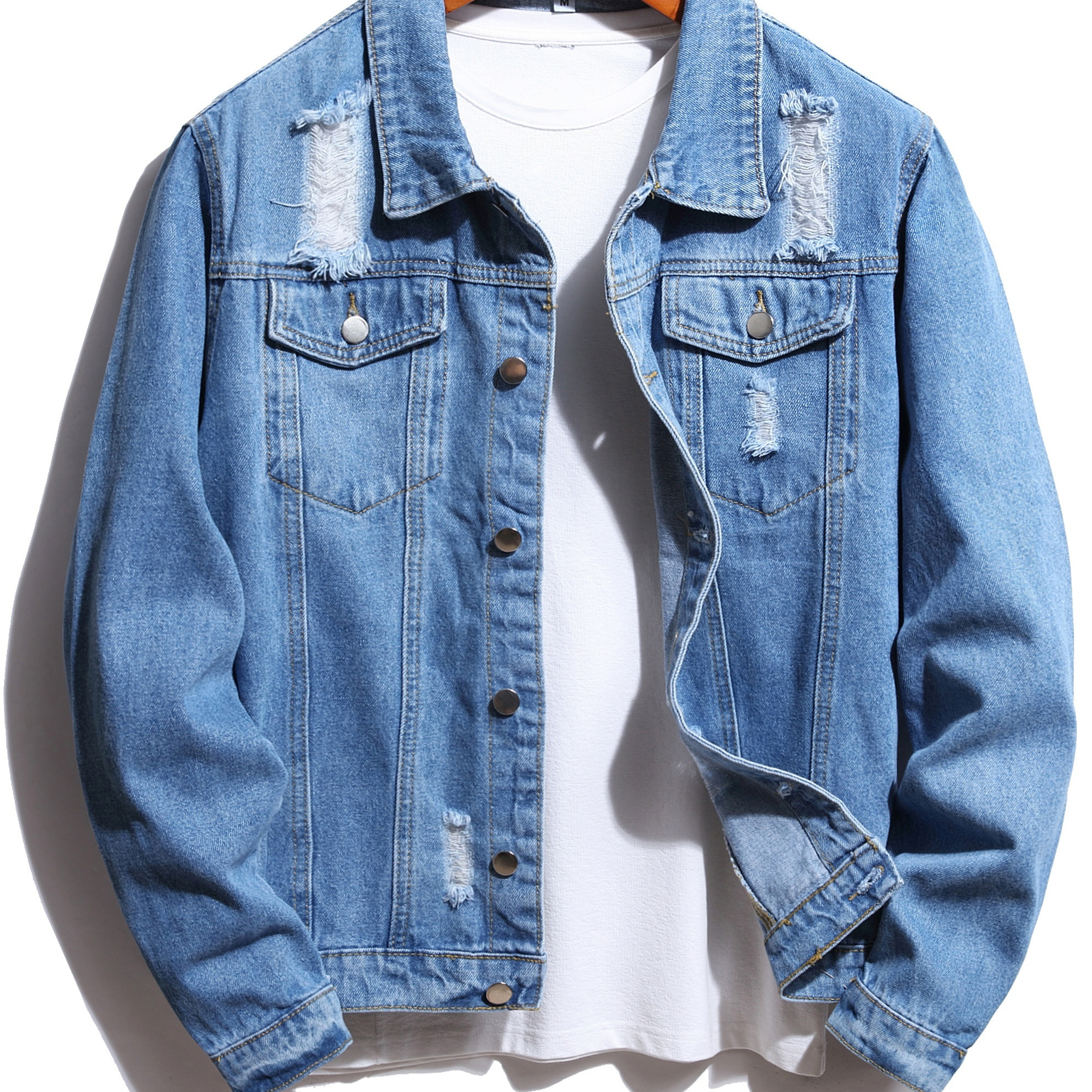 Men's Denim Jacket Washed Classic Casual Distressed Ripped Slim Fit Jacket Gifts