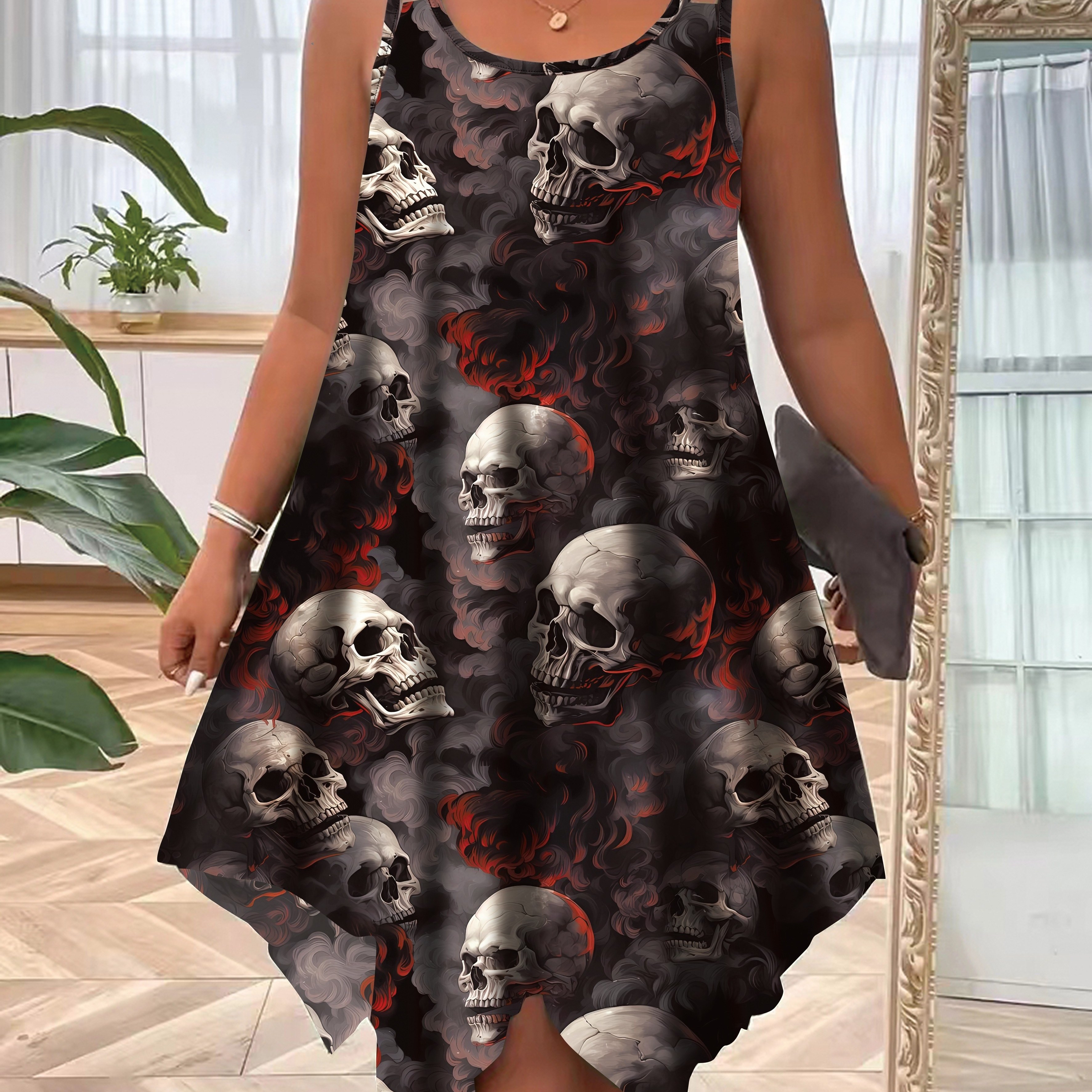 

Plus Size Skull Print Cami Dress, Goth Asymmetrical Hem Sleeveless Crew Neck Dual Strap Dress For Spring & Summer, Women's Plus Size Clothing