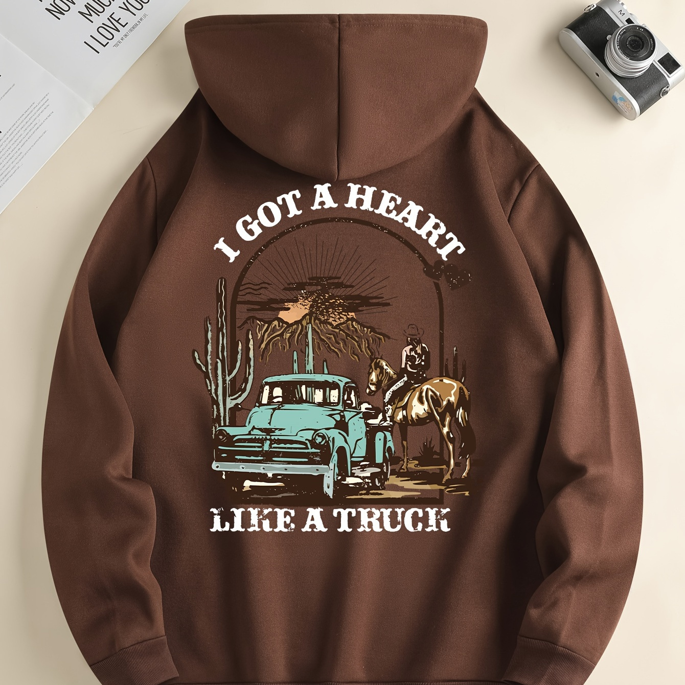

I Got A Heart Like A Truck Cowboy Riding Horse Print Men's Cool Streetwear Hoodies, Casual Loose Hooded Pullover With Kangaroo Pockets, Crew Neck Sweatshirt For Men For Fall And Winter, As Gifts