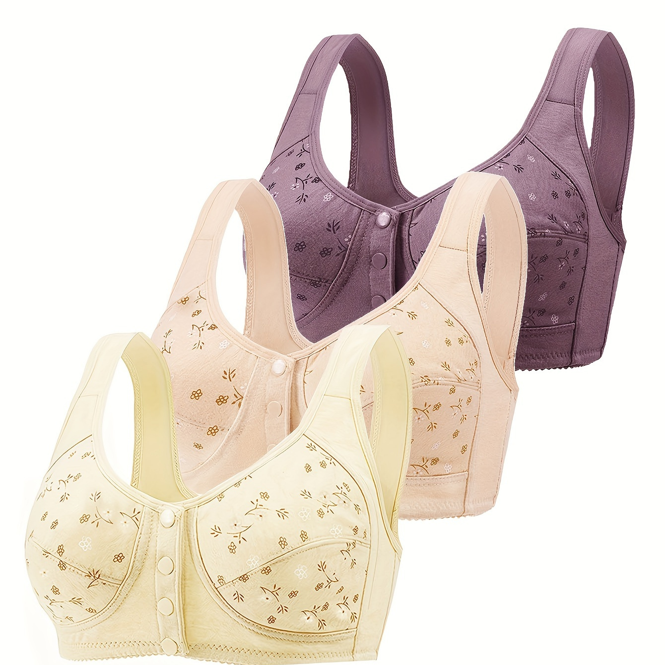 3pcs Front Buckle Wireless Bras, Comfy & Breathable Full Coverage Bra, Women's Lingerie & Underwear