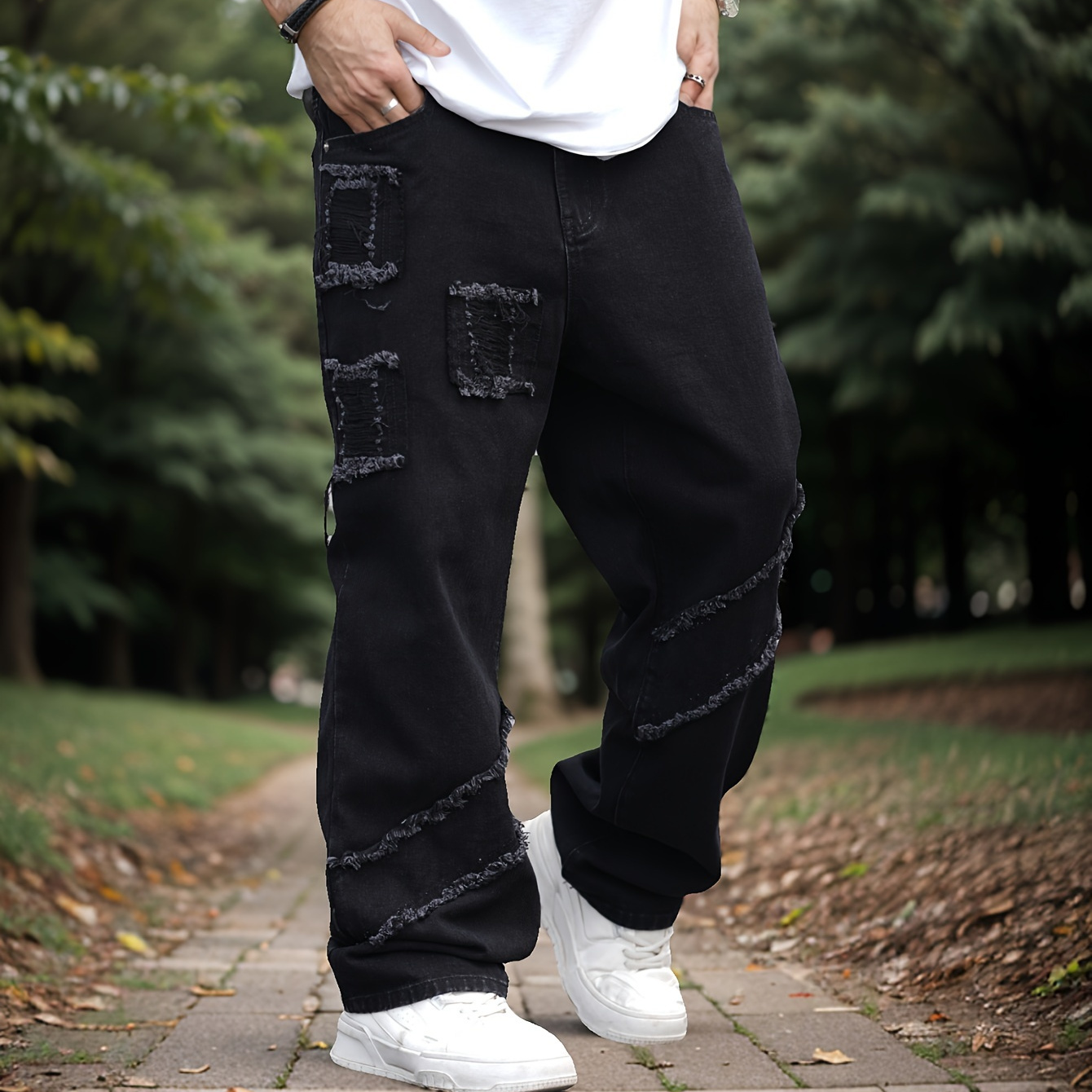 

Men's Loose Frayed Denim Trousers With Pockets, Street Style Cotton Blend Jeans For Outdoor Activities
