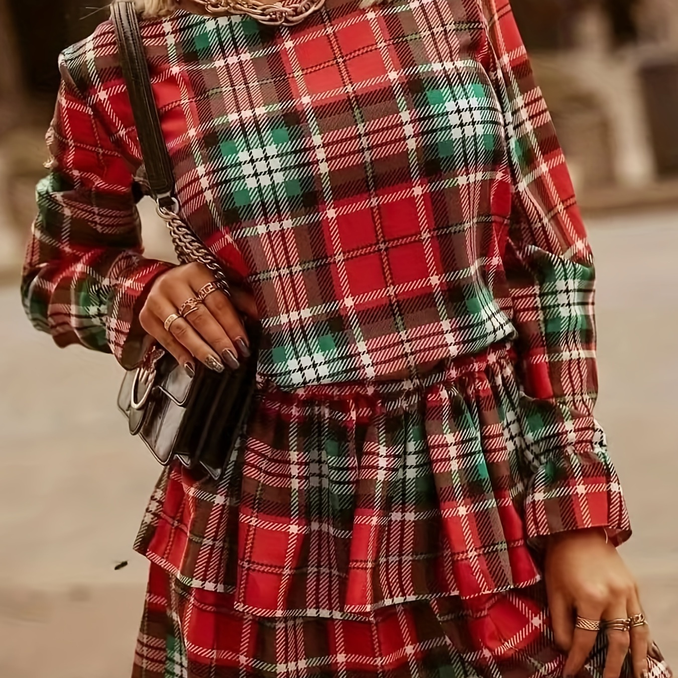 Conjunto de vestido de sol padrão xadrez e blusa de manga - Temu Portugal