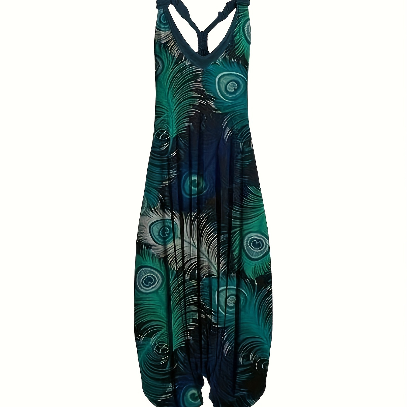 

Feathers Print V Neck Jumpsuit, Casual Sleeveless Knitted Long Jumpsuit For Spring & Summer, Women's Clothing