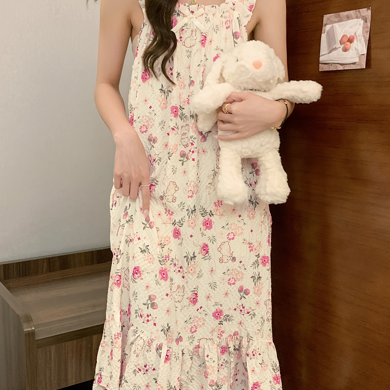 

Women's Cartoon Rabbit & Floral Print Sweet Textured Ruffle Hem Sleepwear Dress, Square Neck Loose Fit Slip Dress, Comfortable Nightgown