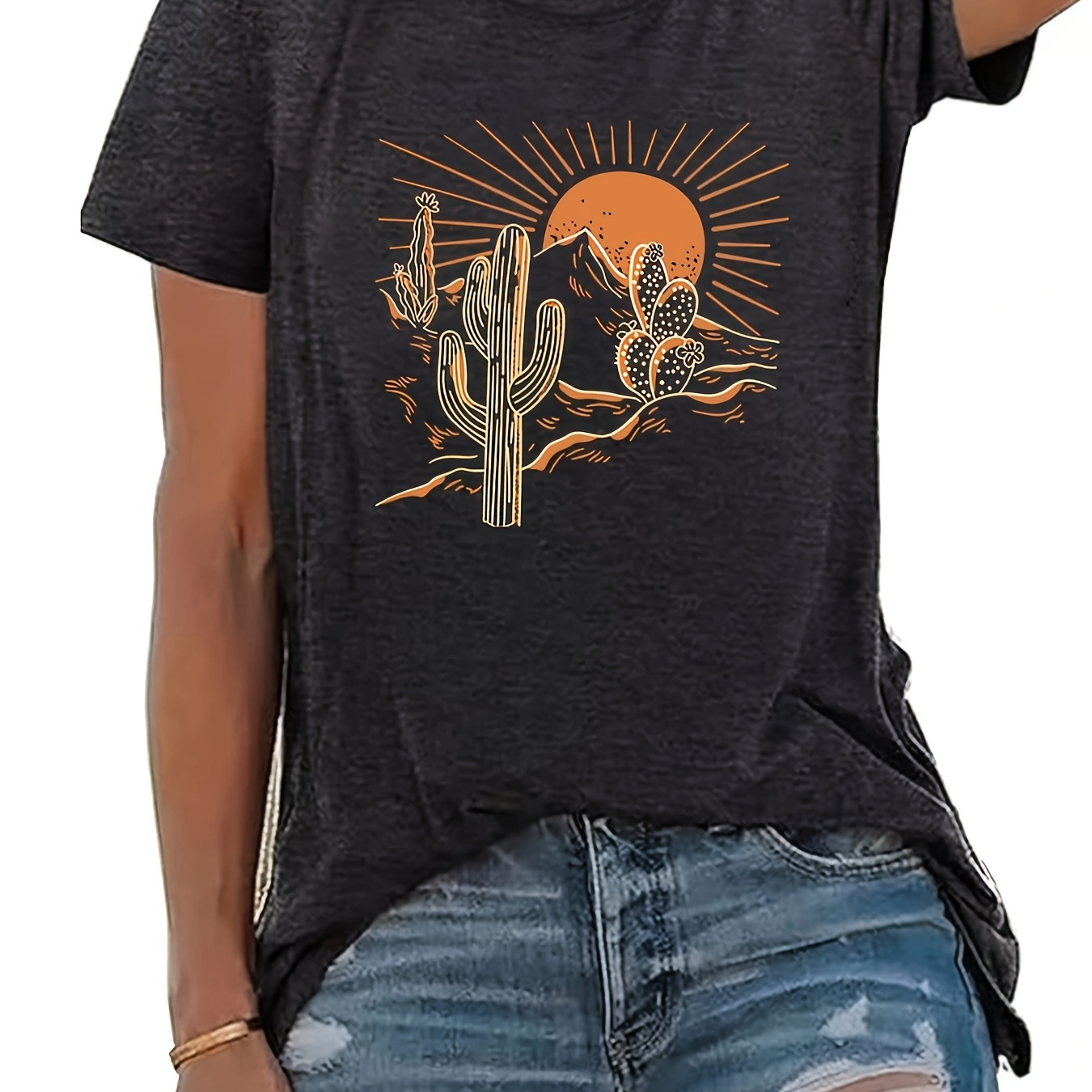 

Cactus Print Crew Neck T-shirt, Casual Short Sleeve Top For Spring & Summer, Women's Clothing