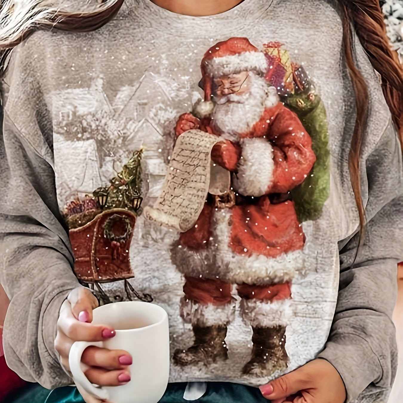 

Christmas Santa Claus Print Sweatshirt, Casual Crew Neck Long Sleeve Sweatshirt, Women's Clothing
