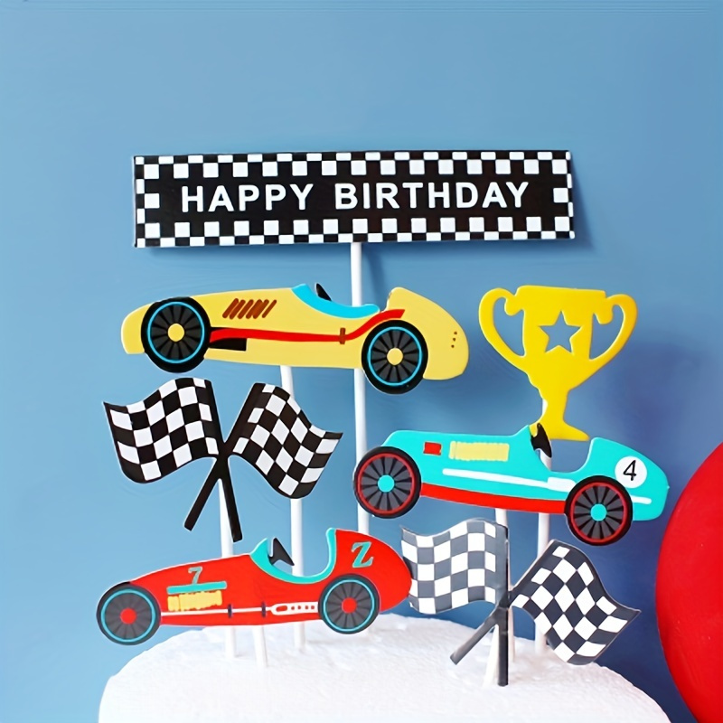 

7pcs, Racing Car Cake Toppers - Vehicle Happy Birthday Decorations For Cupcakes And Cakes - Plaid Flag Cupcake Toppers - Birthday Party Favors And Theme Party Supplies