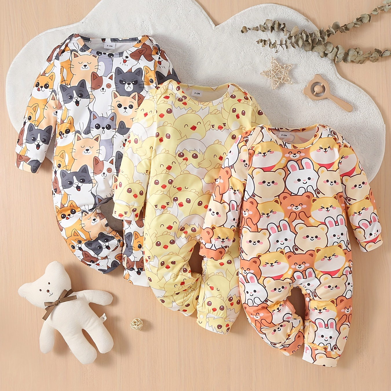 

Baby Girls & Boys Super Cute Cartoon Animal Series Allover Print Jumpsuit, Infant Newborn Crew Neck Long-sleeved Romper, Layette Clothes
