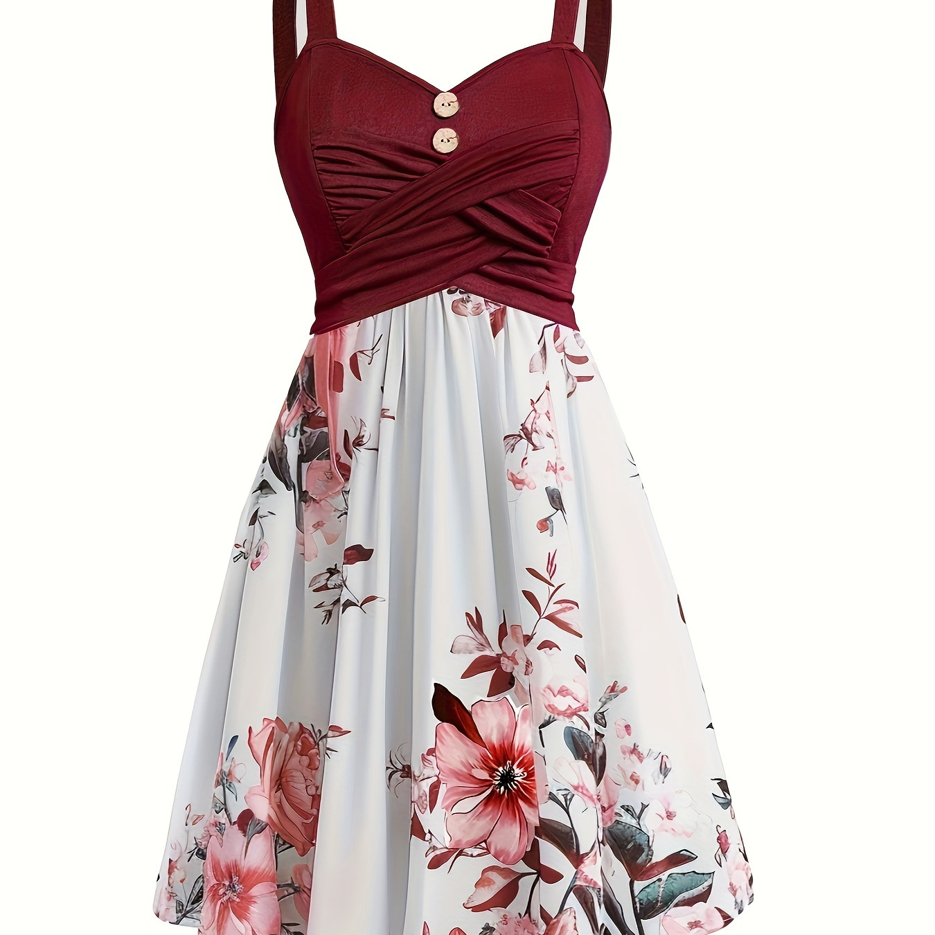 

Floral Print Cross Ruched Cami Dress, Elegant Button Decor Sleeveless Dress, Women's Clothing