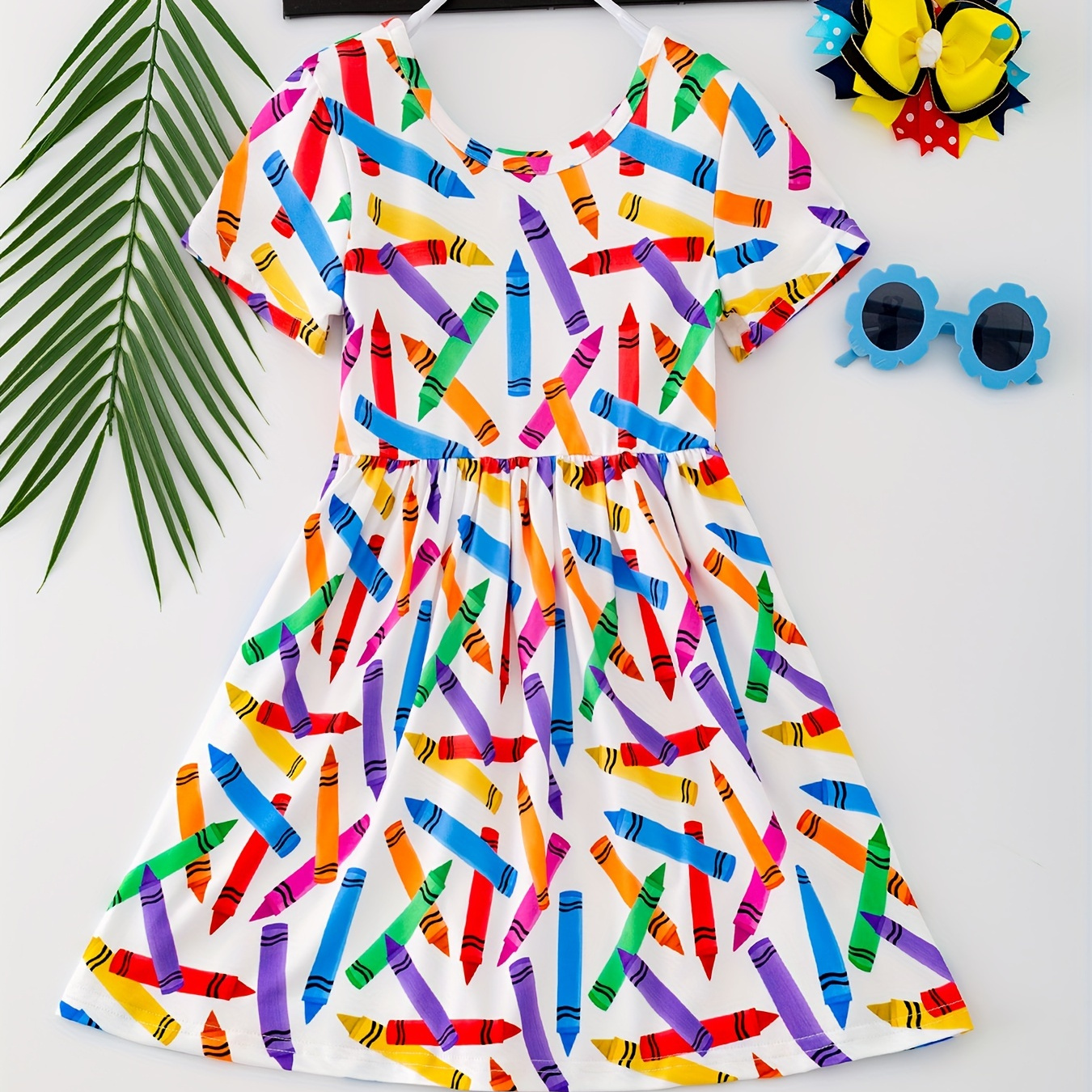 

Back-school Stationery Full Print Short Sleeve Dress, Girls Vacation Casual Dresses Summer Gift