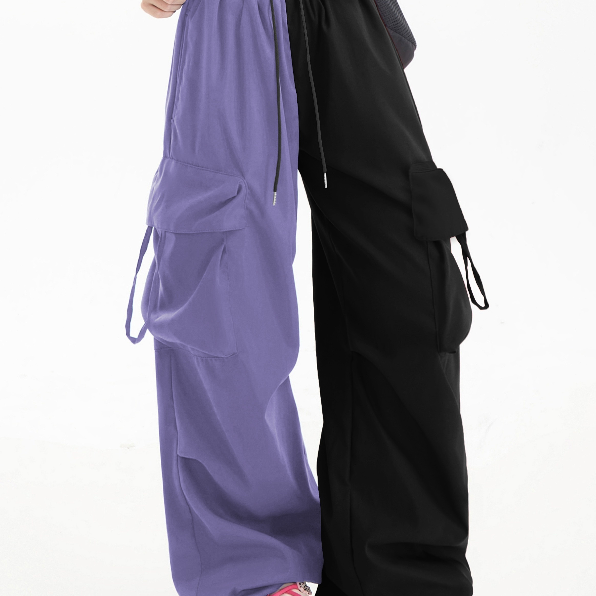 

Women's Cargo Pants With Multiple Pockets - Casual Loose Fit, Machine Washable, Polyester - Black & Purple