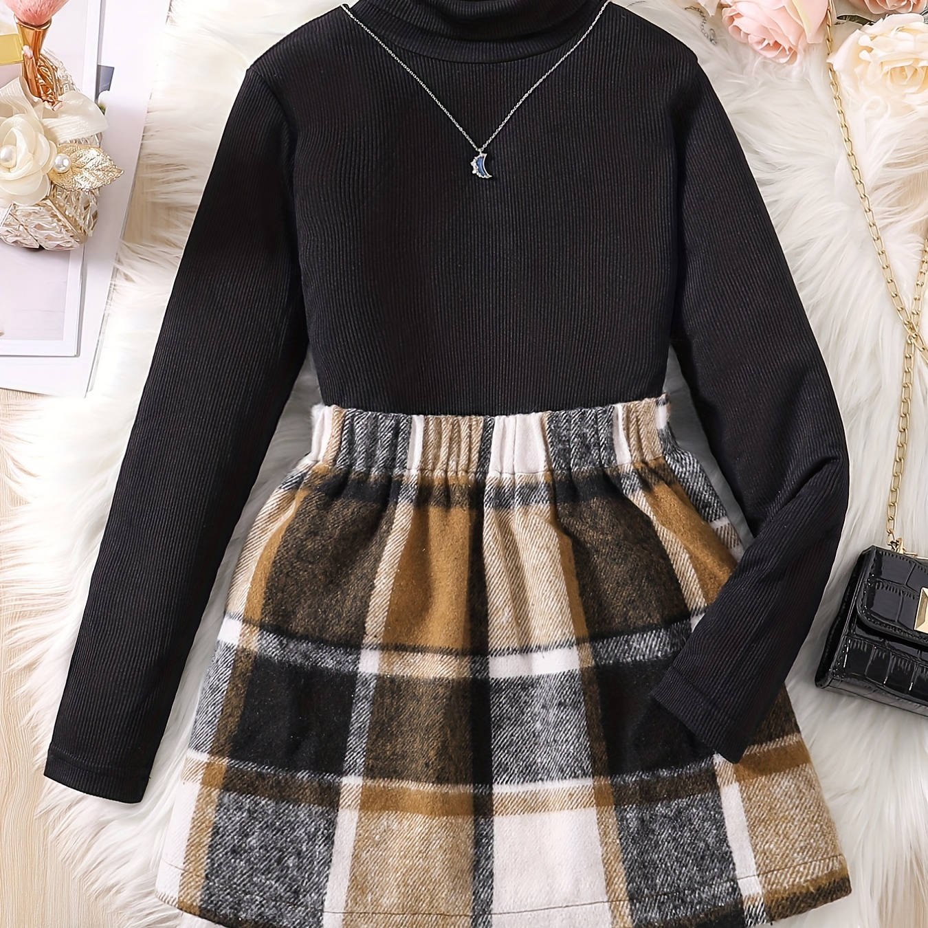 

Girls 2pcs Turtleneck Pullover Top & Elastic Waist Skirt Plaid Print Casual Kids Clothes Elegant Spring Fall