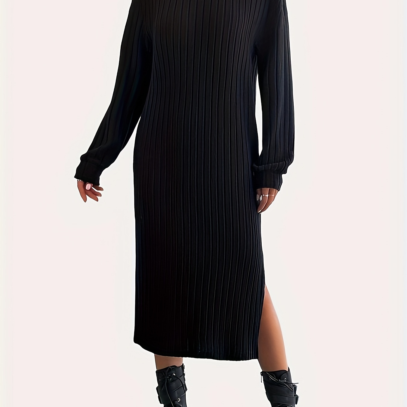 

Elegant Solid Color Midi Dress With Side Slit - Crew Neck, Long Sleeve, Stretch Fabric For Women - Fall/winter