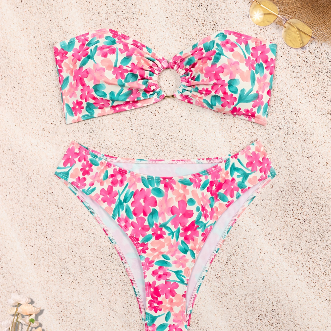 

Floral Pattern Bandeau 2 Piece Set Bikini, Tube Top High Cut Swimsuits, Women's Swimwear & Clothing
