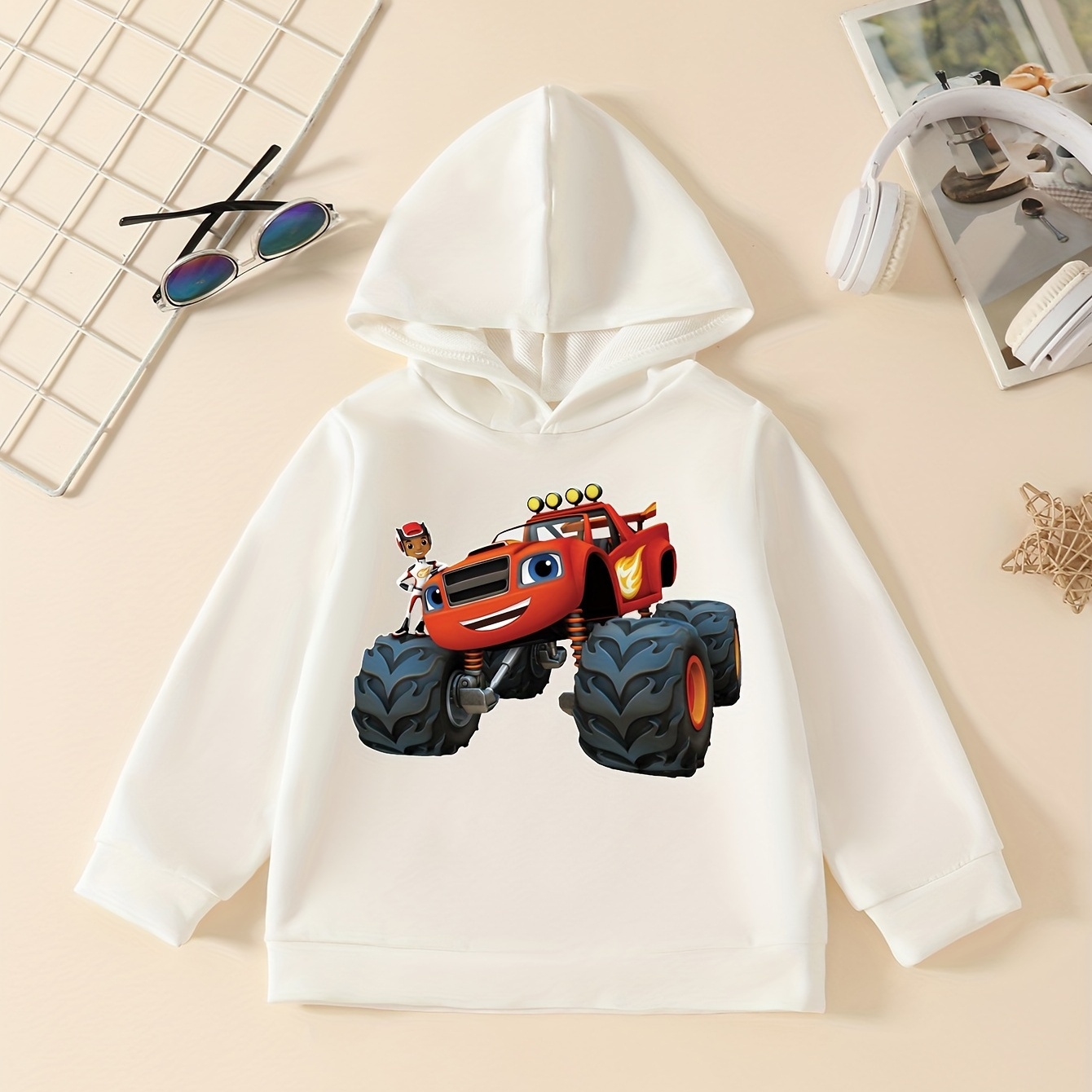 

Boys' Fashion Hoodie With Cartoon Monster Truck Print For Fall/winter - Comfortable Casual Pullover Knitted Top