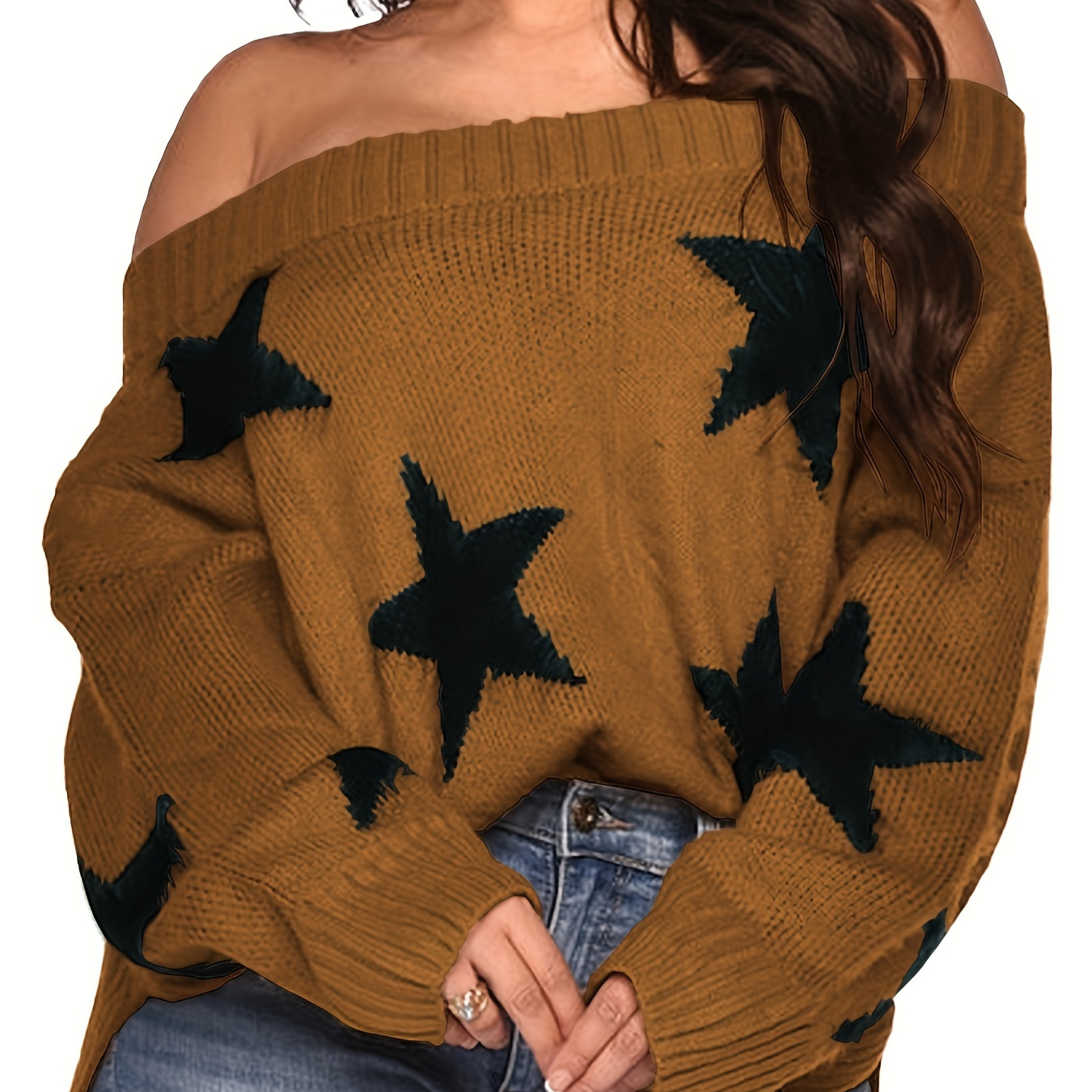 Star Pattern Shoulder Sweater Casual Long Sleeve Sweater Temu