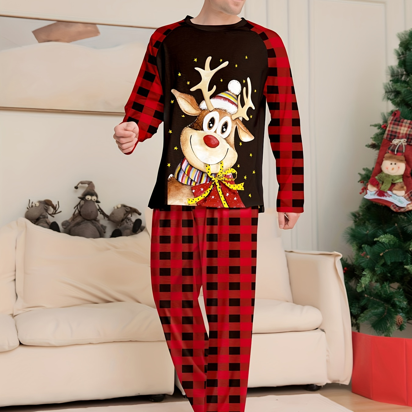 

Men's Trendy Casual Pajamas Sets, Cartoon Deer Splicing Long Sleeve Crew Neck Top & Loose Trendy Plaid Loose Stretchy Elastic Waist Pants Lounge Wear