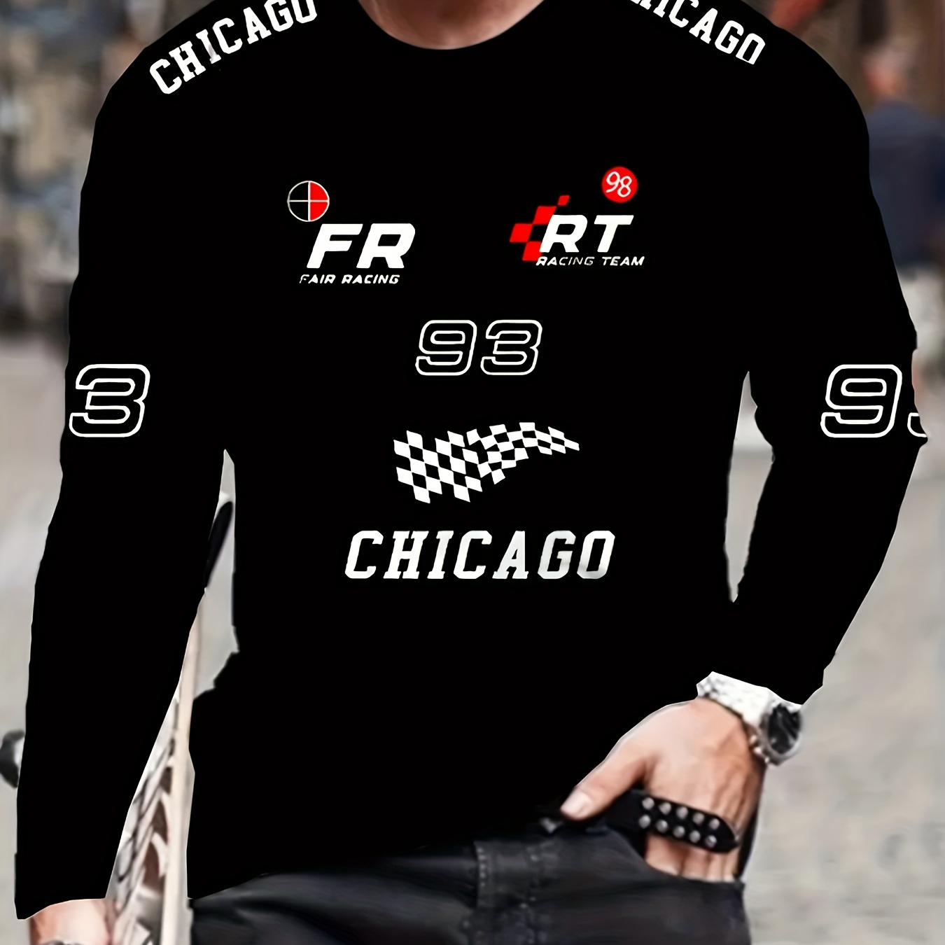 

Streetwear Staple, Men'-inspired Racing Flag & Number 3d Print Long Sleeve T-shirt - Casual Crew Neck, Breathable Polyester, Outdoor Activities