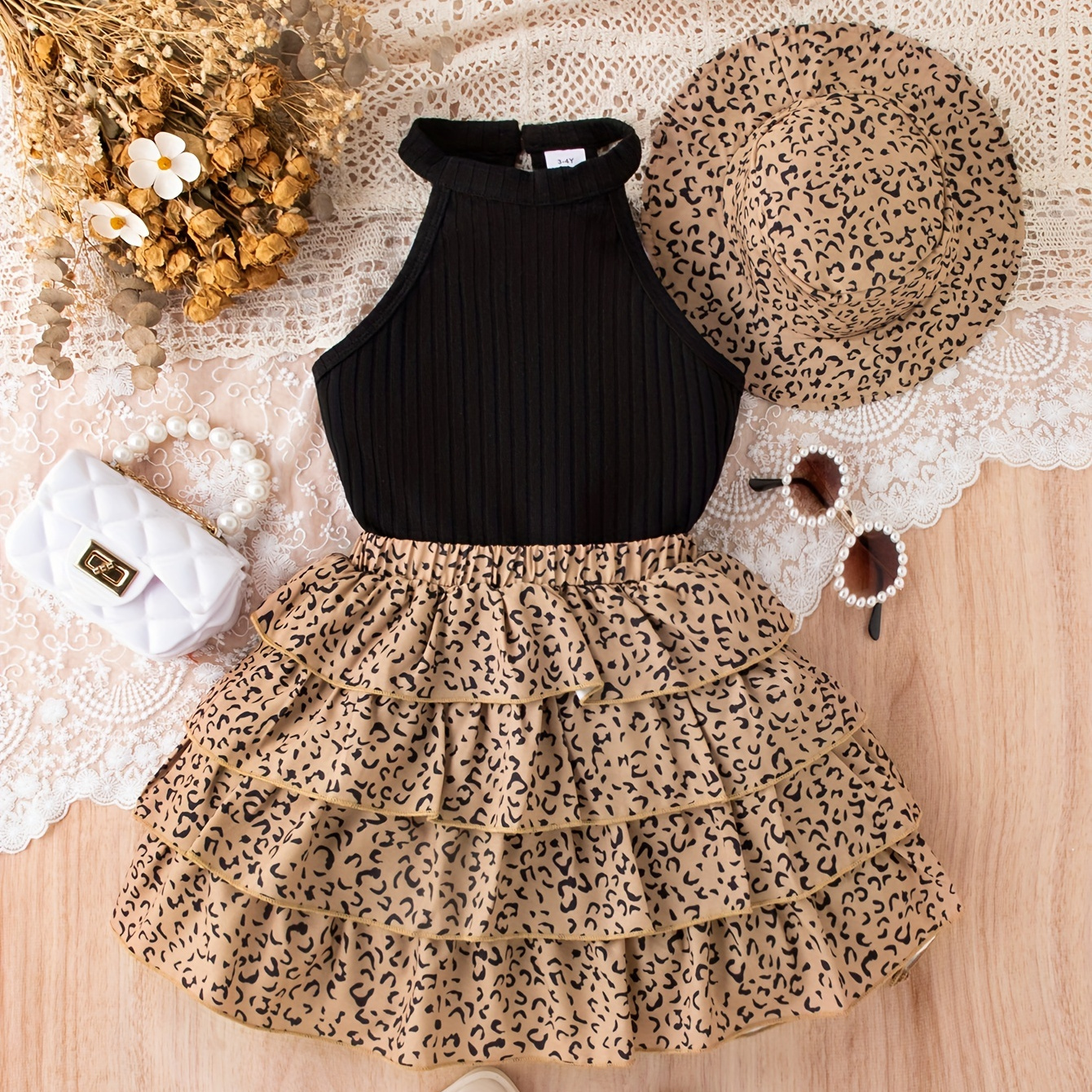 

Cute Leopard 3pcs Girl's Outfit, Sleeveless Halter Top + Leopard Tiered Skirt + Matching Hat Set, Casual Cute Girls Summer Clothes