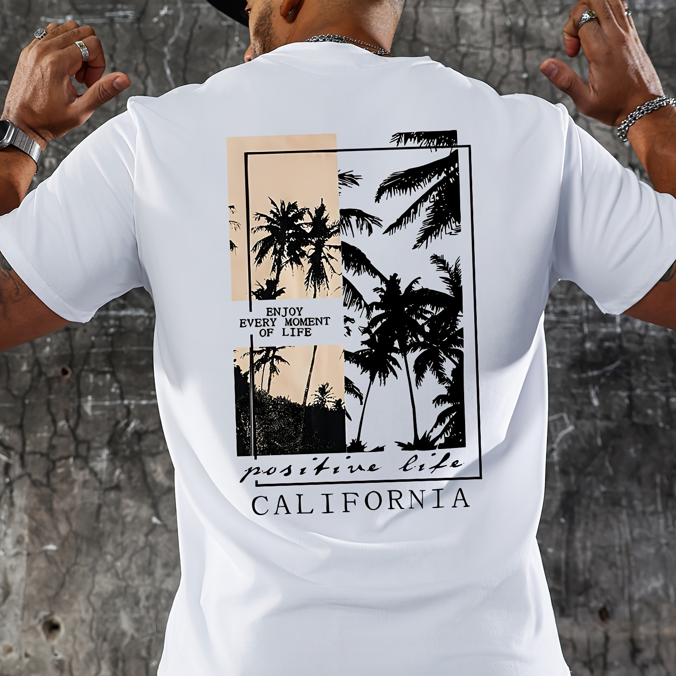 

California Palm Tree Pattern Print Crew Neck Short Sleeve T-shirt For Men, Casual Summer T-shirt For Daily Wear And Vacation Resorts