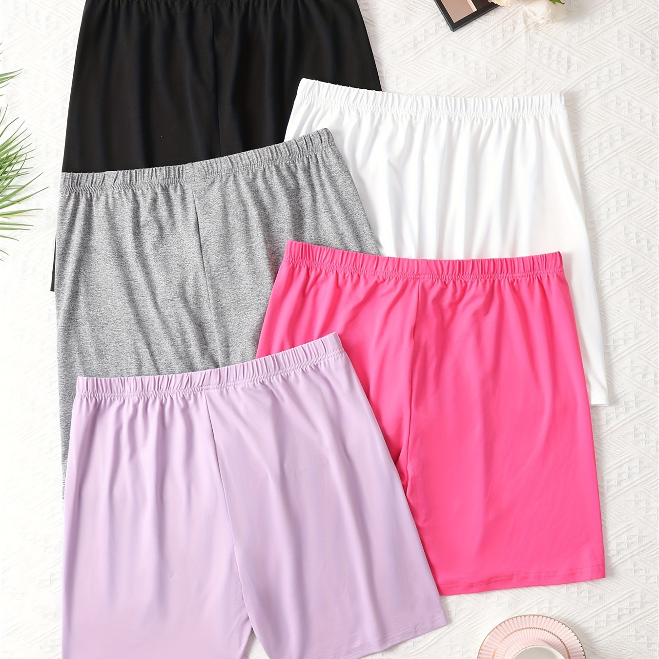 

5pcs Women's Plus Casual Lounge Shorts, Plus Size Solid Elastic Waist Butt Lifting Home Wear Shorts