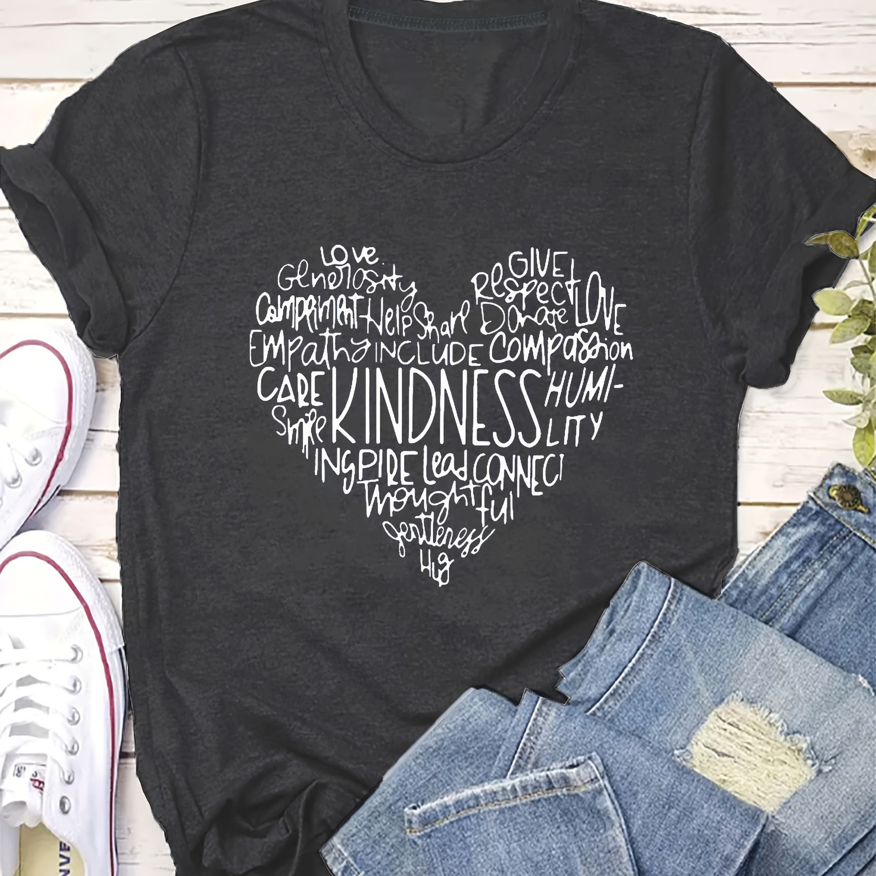 

Kindness & Heart Print T-shirt, Short Sleeve Crew Neck Casual Top For Summer & Spring, Women's Clothing