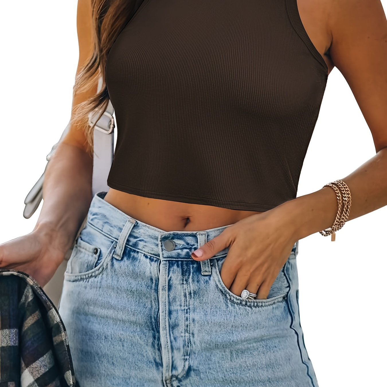 

Solid Simple Cropped Tank Top, Casual Crew Neck Sleeveless Tank Top For Spring & Summer, Women's Clothing