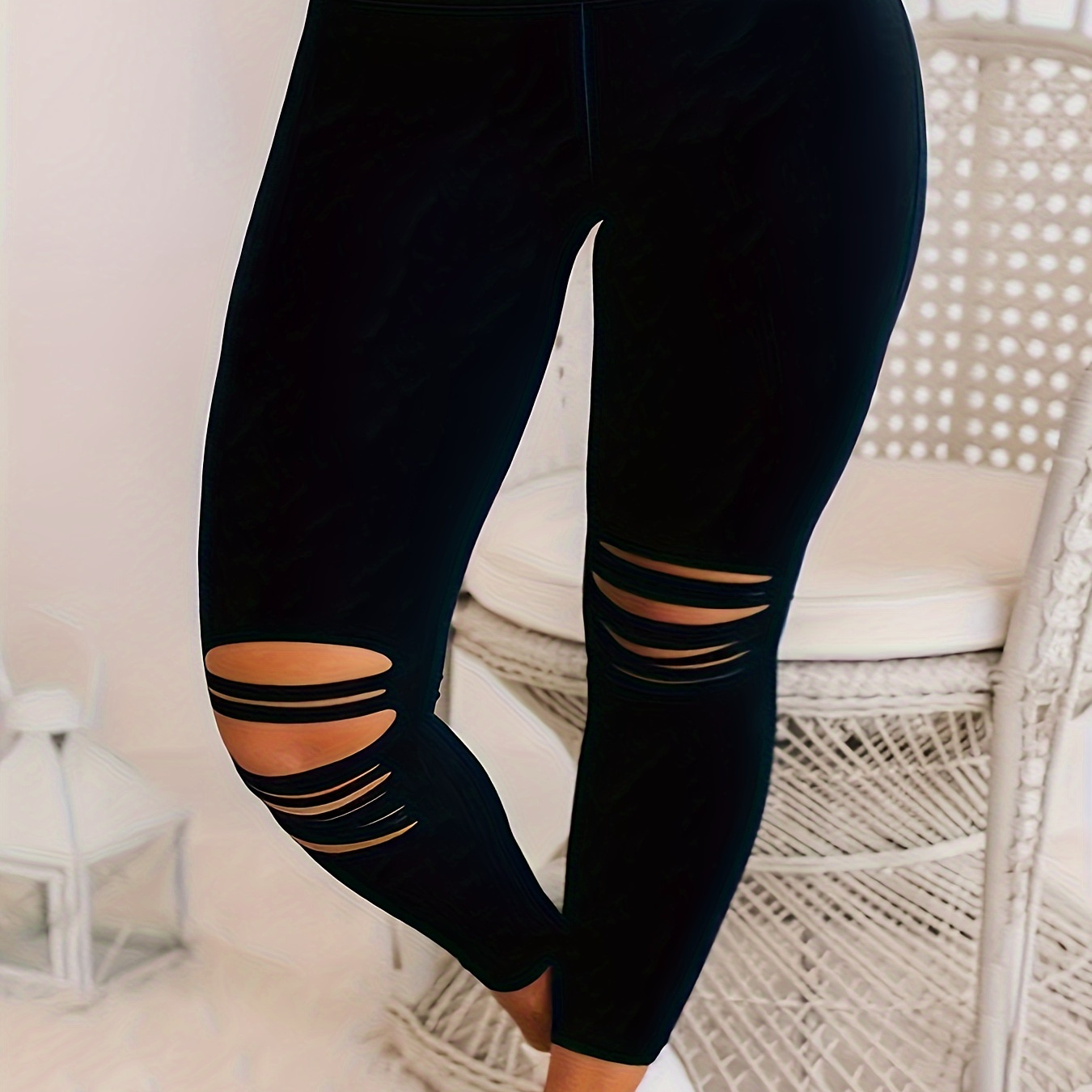 

Plus Size Ripped Solid Skinny Leggings, Casual Every Day Stretchy Leggings, Women's Plus Size Clothing