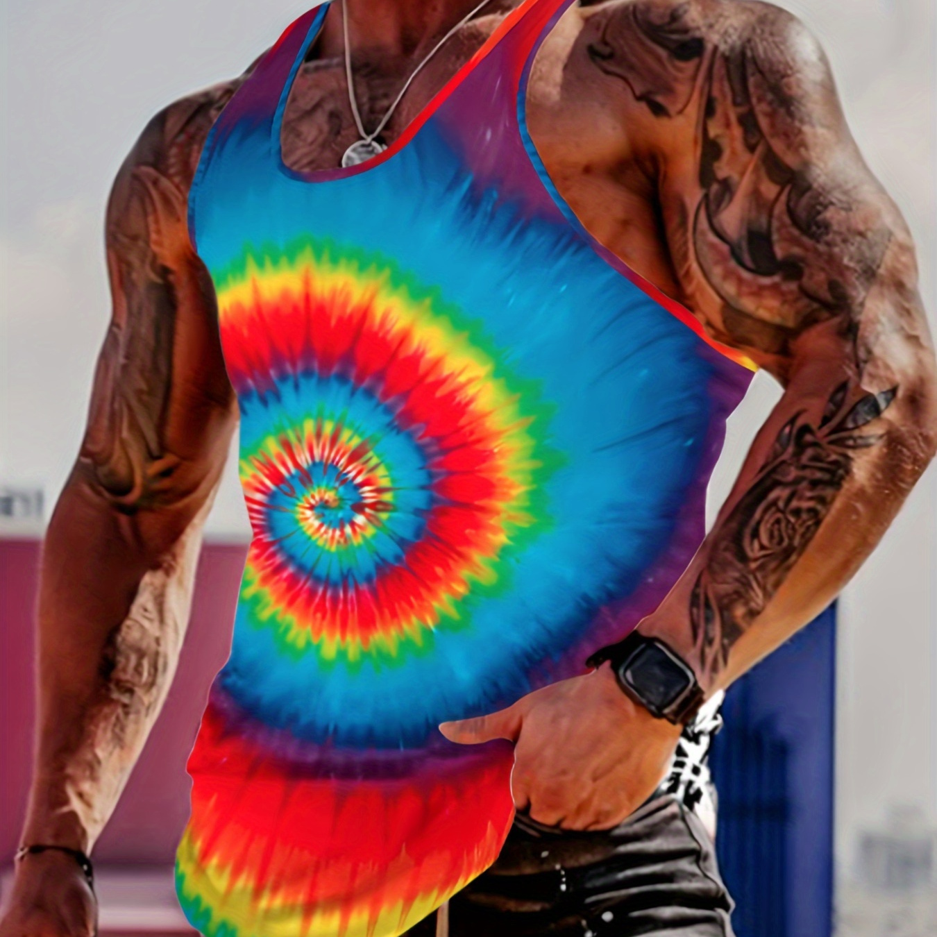 

Colorful Vortex Print Comfy Breathable Tank Top, Men's Casual Stretch Sleeveless T-shirt For Summer Gym Workout Training Basketball