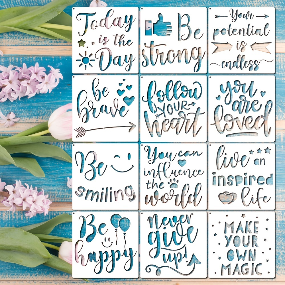 16 Piece Inspirational Word Stencil Set - Stencils for Painting on Wood -  Quotes Include Dream, Faith Hope Love - Reusable Stencils for Painting on