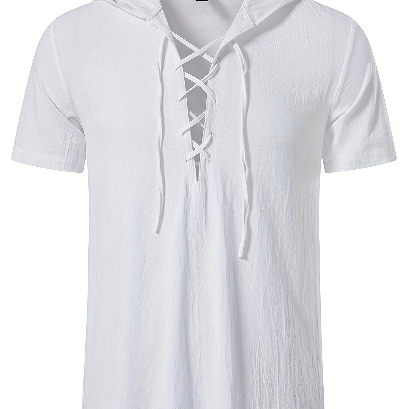 

Trendy Men's Casual Lace Up Hooded Short Sleeve Cotton Shirt, Men's Shirt For Summer Vacation Resort