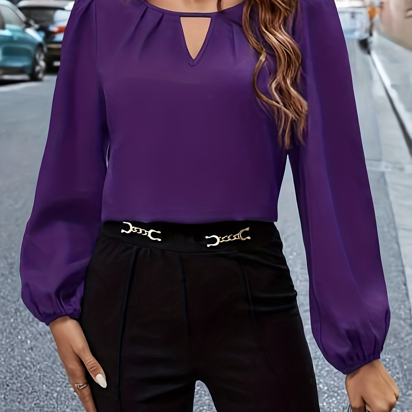 

Solid Color Cut Out Blouse, Elegant Lantern Sleeve Simple Blouse For Spring & Fall, Women's Clothing