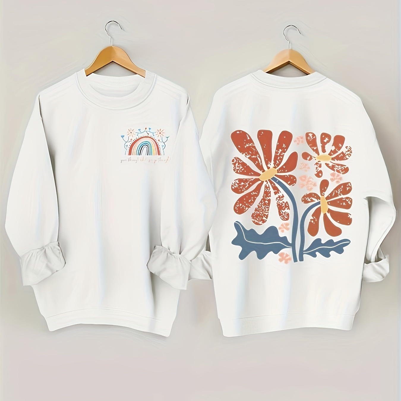 

Plus Size Rainbow & Flower Print Pullover Sweatshirt, Casual Long Sleeve Crew Neck Sweatshirt For Fall & Spring, Women's Plus Size Clothing