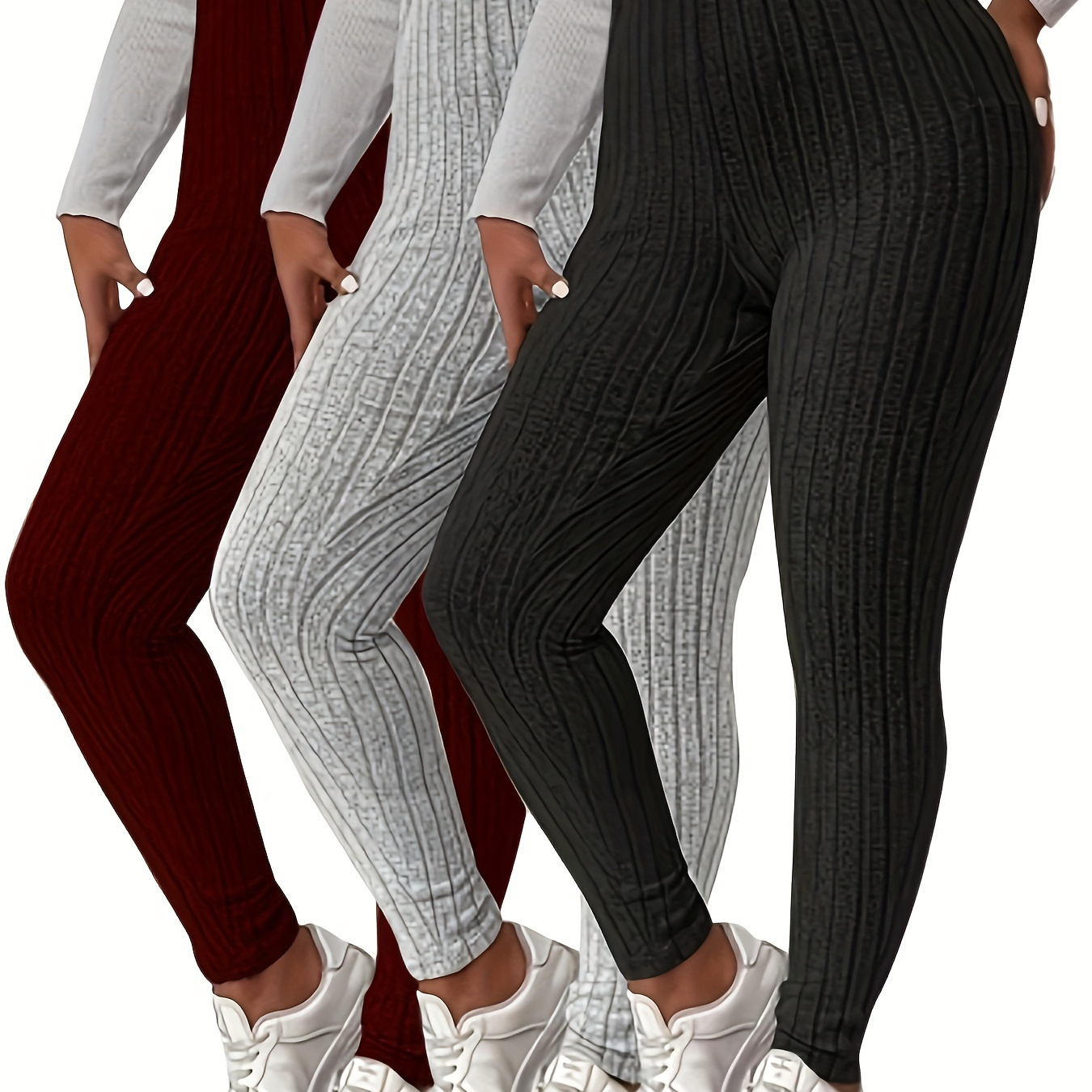 

3pcs Plus Size Elegant Striped Ribbed Leggings - High Waist, Medium Stretch, Machine Washable In Burgundy, White, & Black For Women, Plus Size Pants