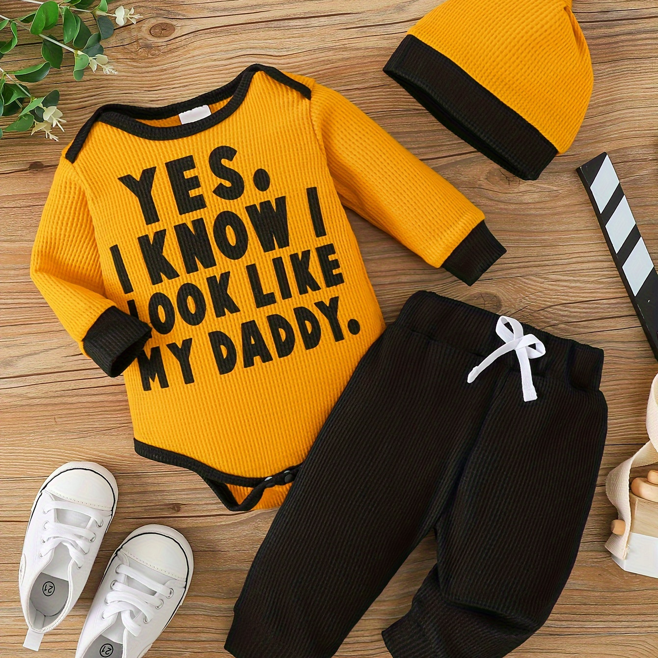 

2pcs Infant's "i Look Like My Daddy" Print Long Sleeve Set, Contrast Binding Bodysuit & Casual Pants, Baby Boy's Clothes