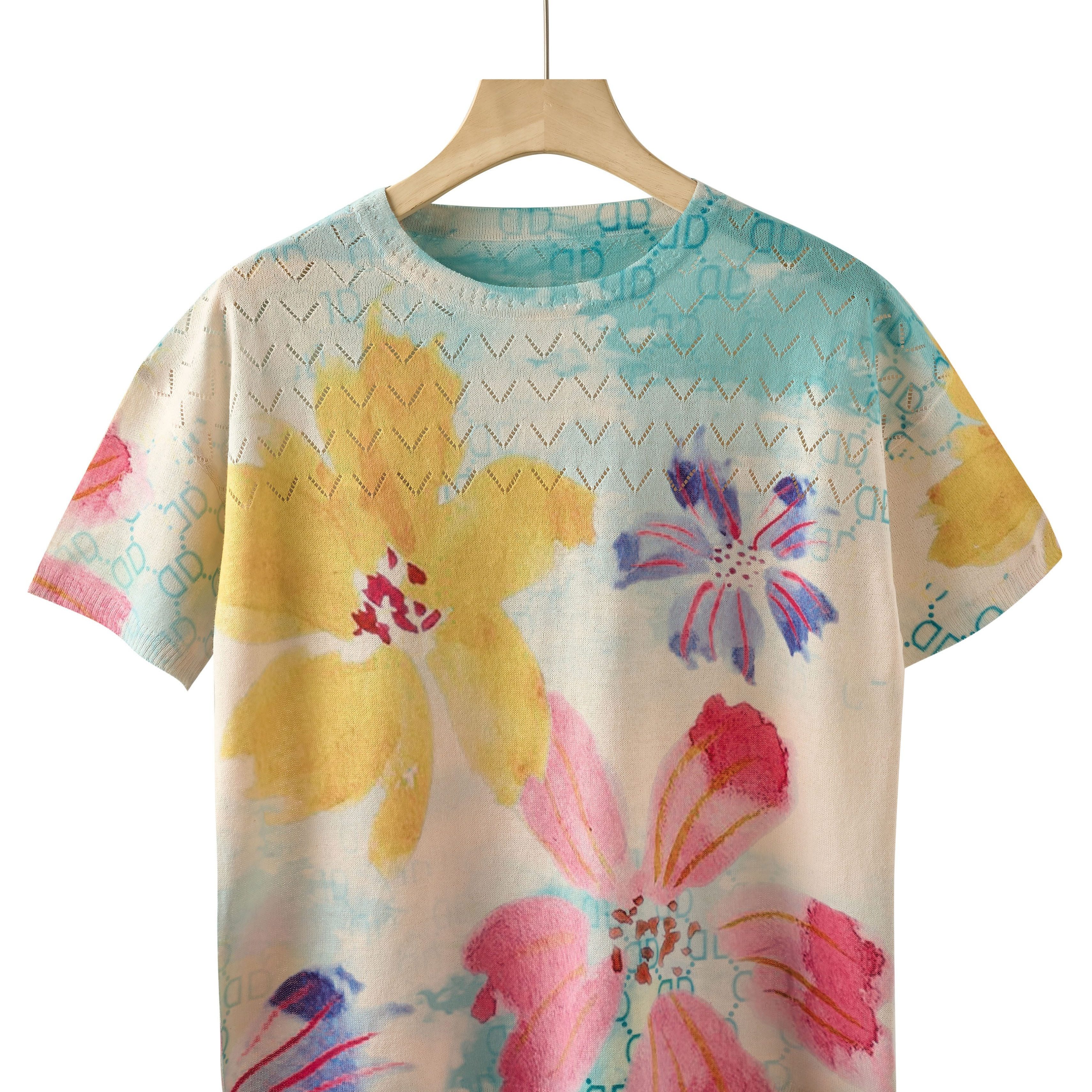 

Floral Pattern Crew Neck Knitted Top, Casual Short Sleeve Top For Spring & Summer, Women's Clothing