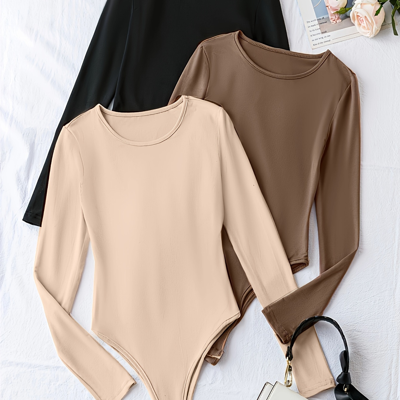 

Chic Solid Color Bodysuit For Women - High Stretch, Crew Neck, Long Sleeve - Spring/summer/fall - Machine Washable