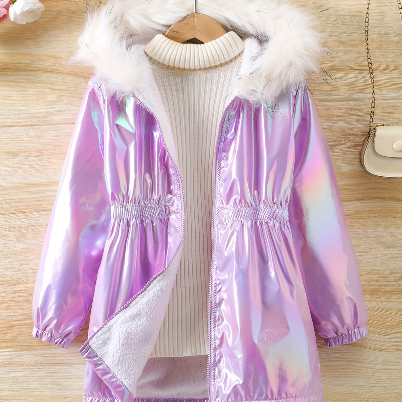 

Girls Trendy Reflective Fabrics Plush Fleece Lined Tunic Parka Jacket Coat For Kids Outwear, Fall And Winter